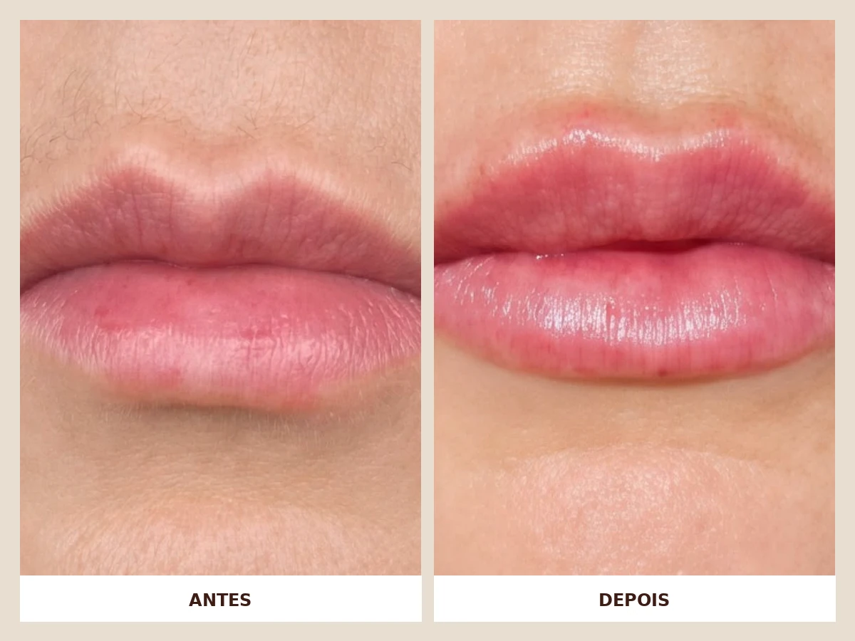 Antes e depois de preenchimento labial com foco em naturalidade